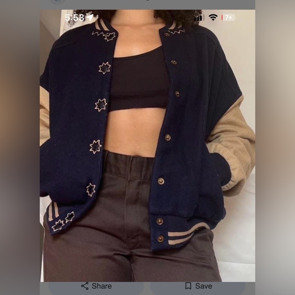 Free People Navy and Tan Home Run Varsity Jacket Women’s XL